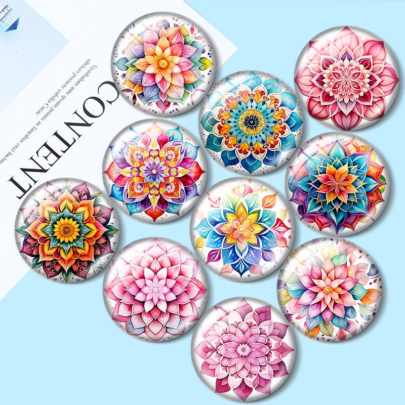 Akwarela kwiatowa mandala 10 sztuk kolorowy rysunek 12mm/16mm/18mm/25mm okrągłe zdjęcie szklany kaboszon Demo płaski tył dokonywanie ustaleń