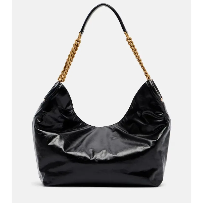 

Women's Black Hortense Small Shoulder Bag Shiny Leather Double Gold Chains Handbag Circular Metal Ring Luxury Designer Hobo Bag