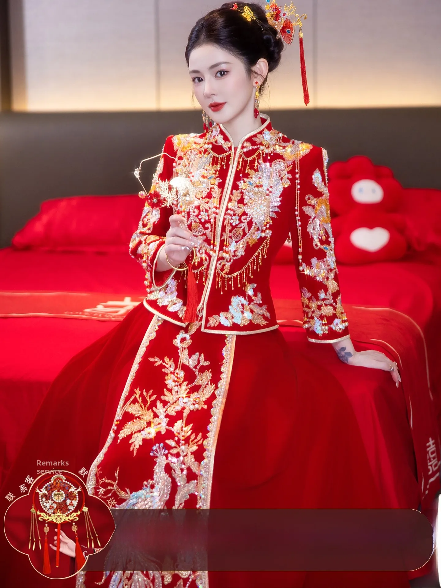 

Новое китайское свадебное платье из бархата для невесты, маленький размер, для официальных церемоний, зимнее, с высоким воротом, рукава 3/4, полиэстер