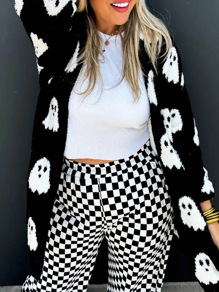 

Элегантный женский джемпер с длинными рукавами, вязаный кардиган с принтом призрака на Хэллоуин, повседневный свитер с длинными рукавами и v-образным вырезом, пальто