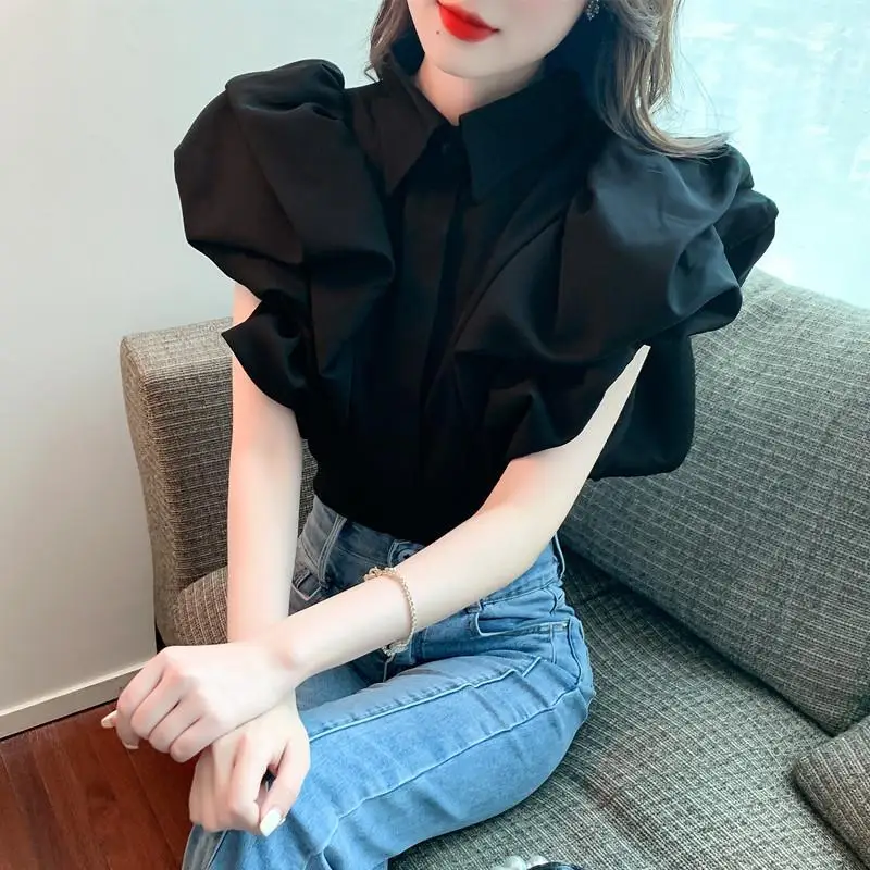 Vintage Turn-down Collar Puff Sleeve Blouse Women\'s Clothing Korean Fashion Pleated Solid Color Short Sleeve Women\'s Shirt Tops