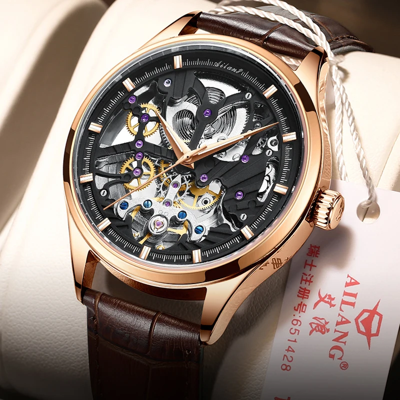 AILANG Watches Classic Rose Gold Case Male Skeleton Clocks Automatic Mechanical Brown Leather Hollow Watch Relogio