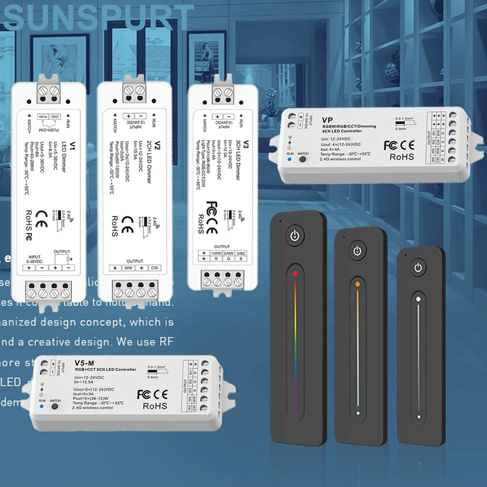 10 V1 V2 V3 VP LED Dimmer 1-5CH 5-36V 4 Zone Single CCT RGB LED Strip Dimming Wireless 2.4G RF Remote Control Touch Switch Dimer