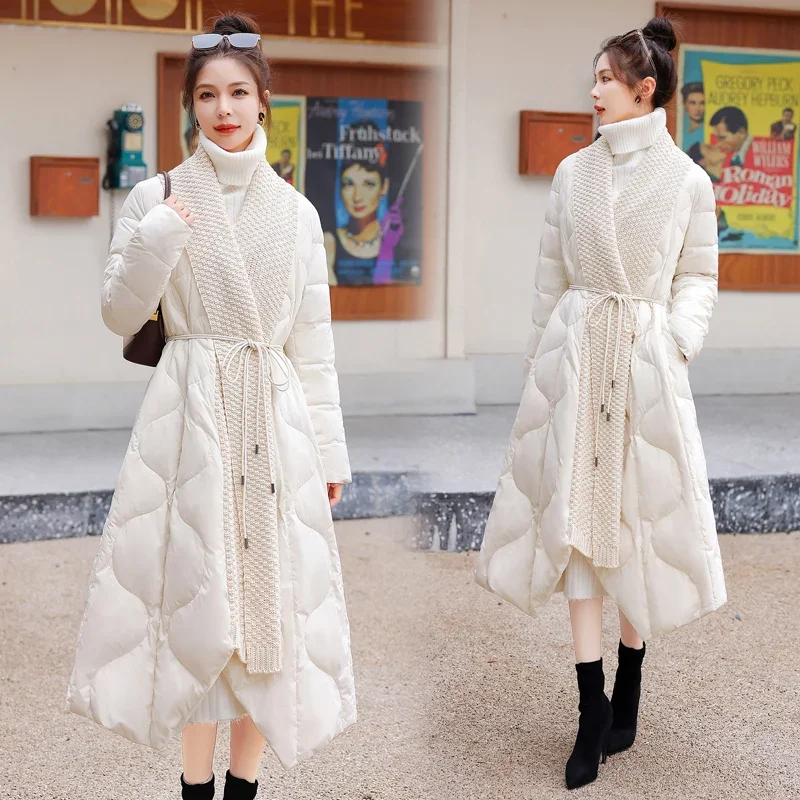 

Women 2024 Winter Fashion Patchwork Down Jacket Female Long White Duck Down Coats Ladies Loose Thicken Warm Overcoats Q765