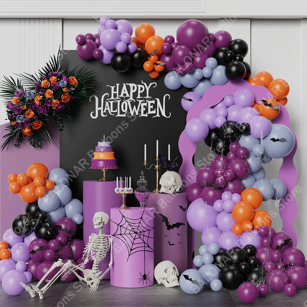 162pcs Halloween Black Purple Balloons Garland Arch Kit Bat Sticker Spooky Birthday Party Decor Happy Halloween Party Backdrop