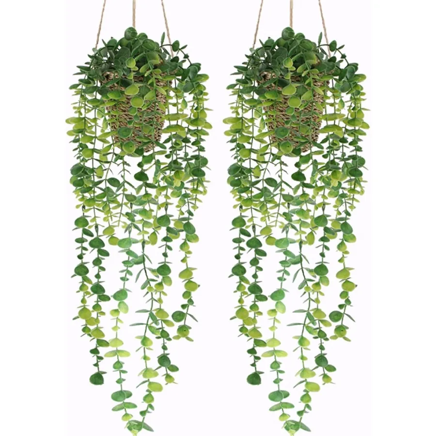 

Fake Hanging Plant with Woven Basket 2 Pack Artificial Hanging Plants Faux Vines Eucalyptus Leaf Hanging Pot Plant for Wall Hom