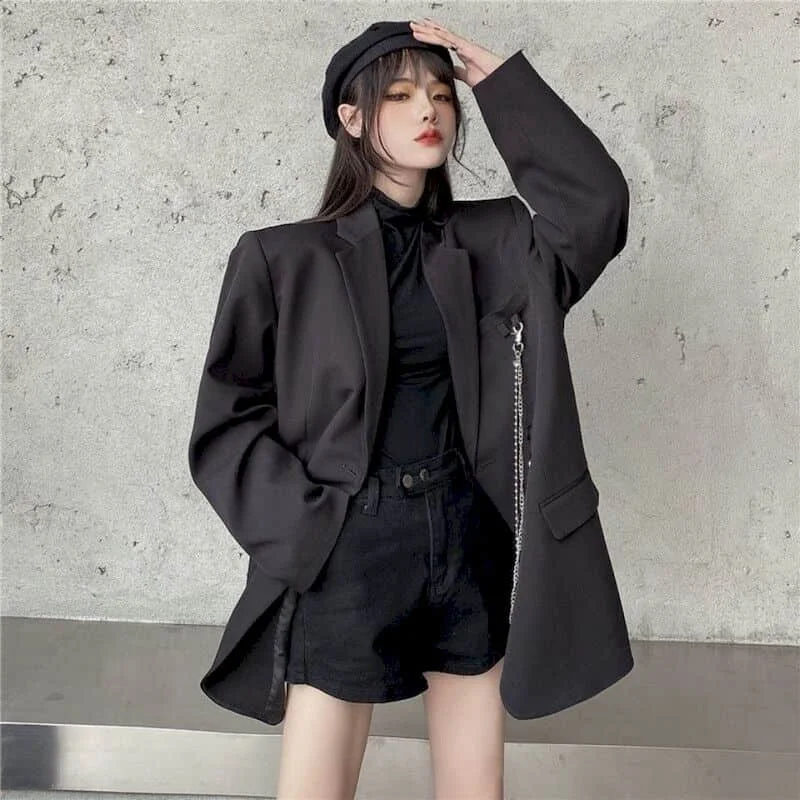 Solid Blazers for Women Elegant Oversized Long Sleeve Casual Basic Jackets Vintage Tailored Collar Coats Korean Style Women Tops