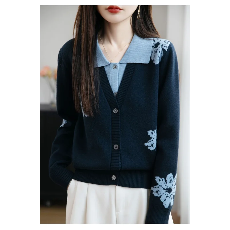 

Контрастный цветной кардиган из двух частей с воротником-поло, женское пальто, свитер, топ