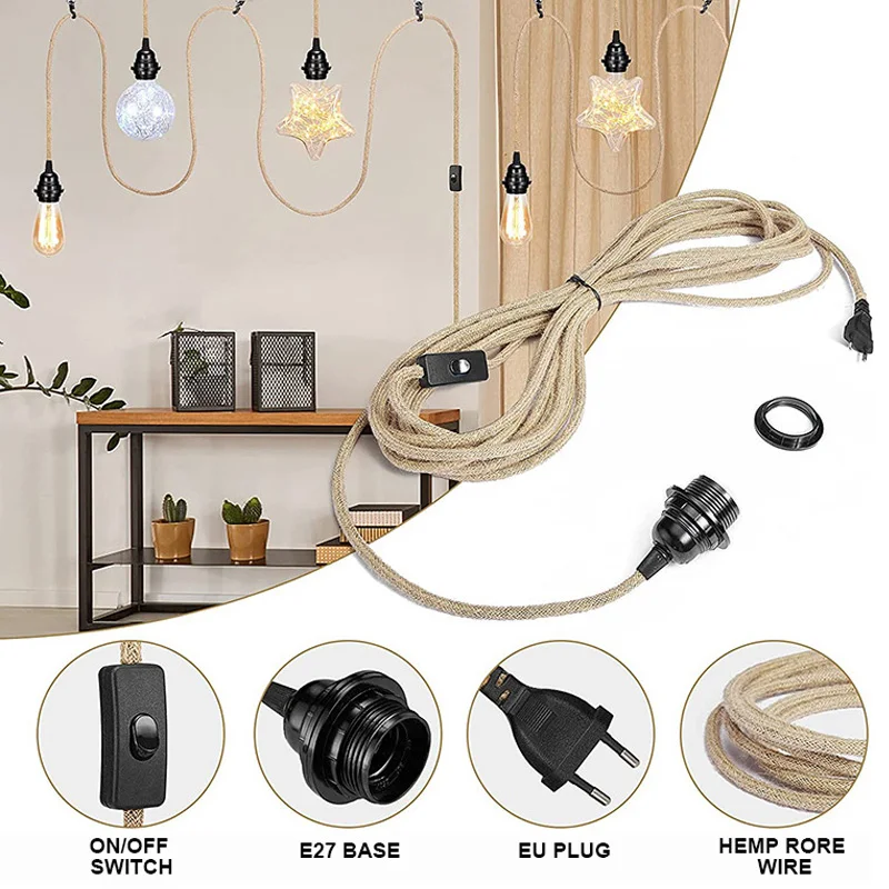 Genixgreen DIY Twisted Cord Lamp Base Rope Electrical Wire 2 Core 2M 3M E27 EU Plug Plastic Socket Vintage ON OFF Switch Cable