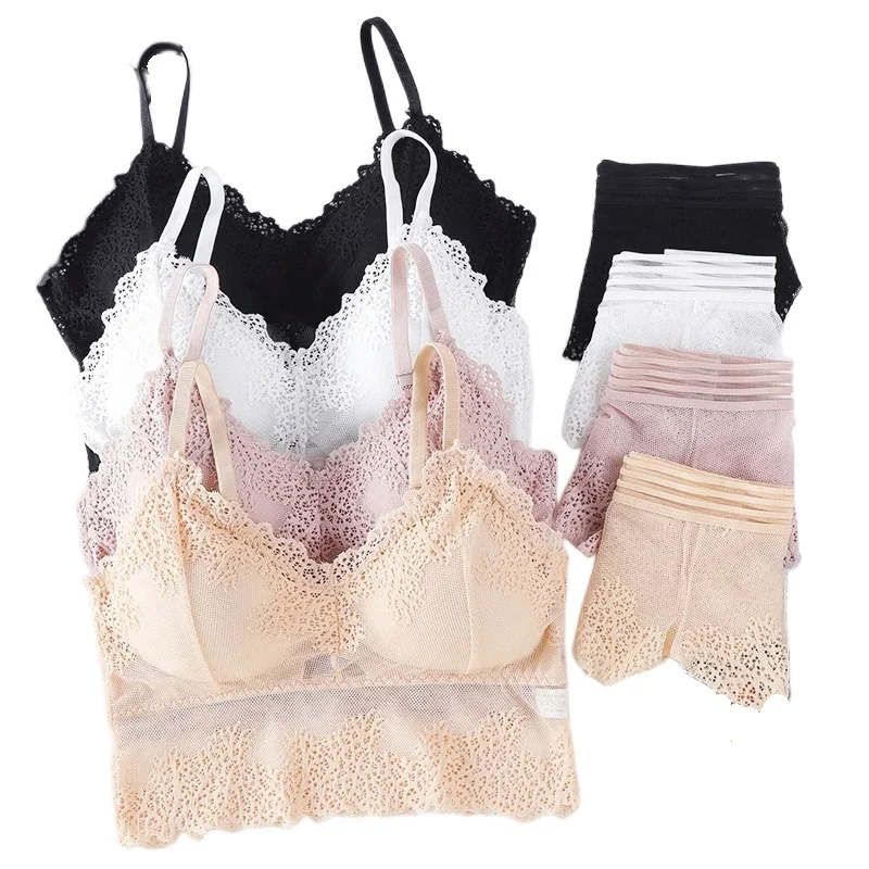 Women Bra Brief Set French Lace Underwear Female Sexy Lingerie Set Lace Bralette Crop Top Seamless Backless Vest Top Set