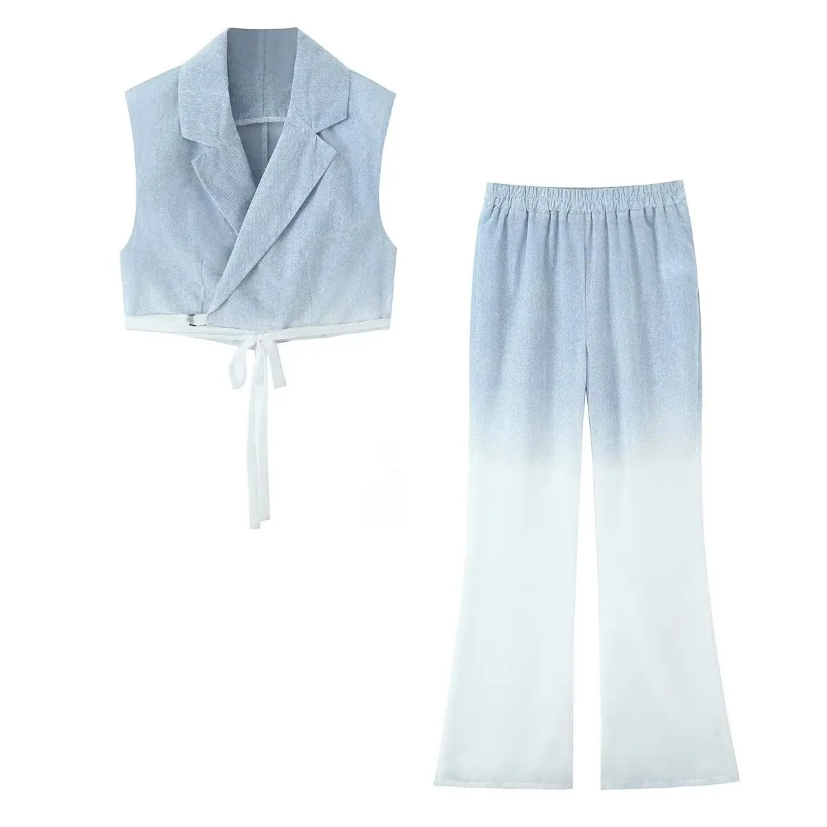 

Женская весенняя новая модная джинсовая куртка с градиентом ленивого ветра, кружевная куртка с эластичной резинкой на талии, широкие брюки, костюм, брюки M