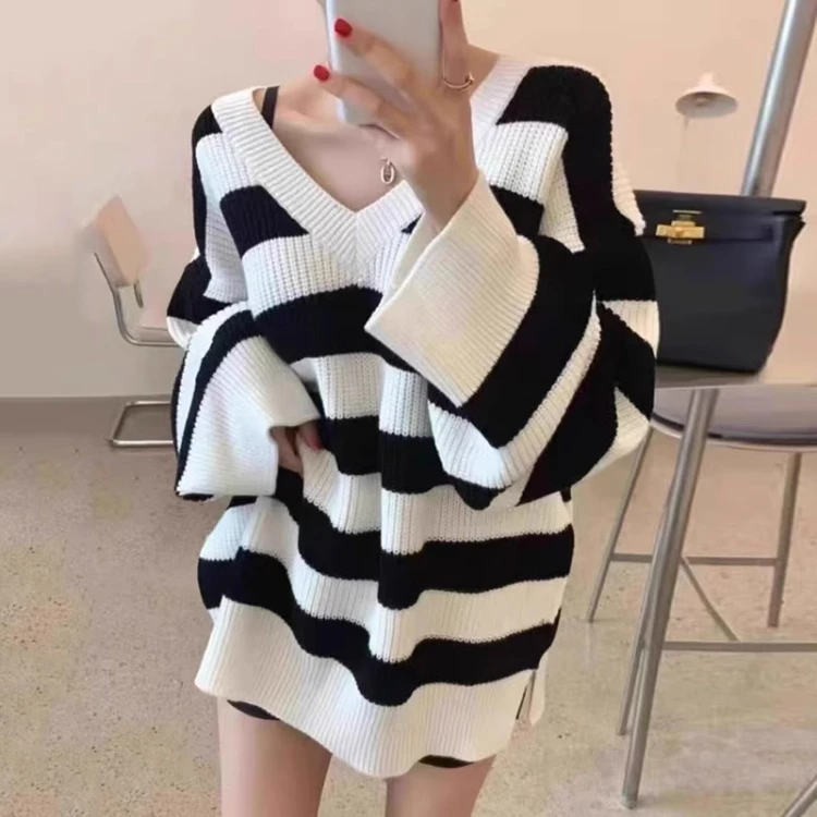 

Fashion Vintage V-neck Striped Lazy Pullovers Autumn Winter New Loose Knitted Tops Women Y2k Long Sleeve Sweaters Mujer