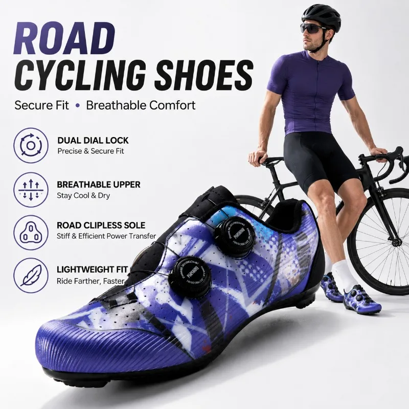 

Road Cycling Shoes for Men Women Dual Dial Lock Breathable Graffiti Bike Shoes Lightweight Bicycle Shoes Racing Training Outdoor
