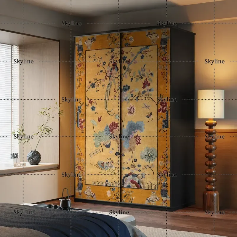 Medieval Solid Wood Sliding Door Wardrobe Storage Cabinet New Chinese Style Bedroom Locker Customization