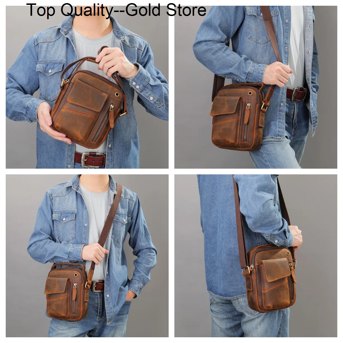 

Crazy Horse Leather Men's Shoulder Bag Vintage Handbags Casual Male Messenger Tote s Brown Crossbody Travel Ba