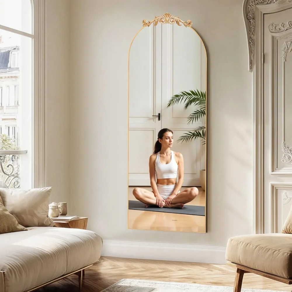 Antique Large Arched Full Body Mirror 65x24 Freestanding with French Carving Top Vintage Baroque Style