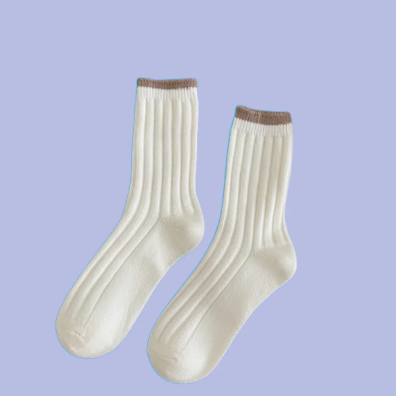 

3/6 Pairs Striped Stacked Socks Solid Color Women's Autumn and Winter Middle Socks Japanese Vertical Thick Warm New Wool Socks