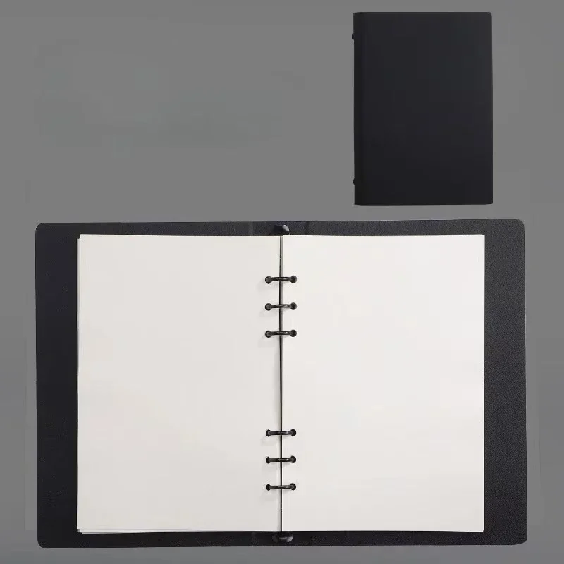 Black Minimalist A5 Notebook PU Leather Loose Leaf Business Office Writing Hand Account Black Card Paper Inner Page Notepad