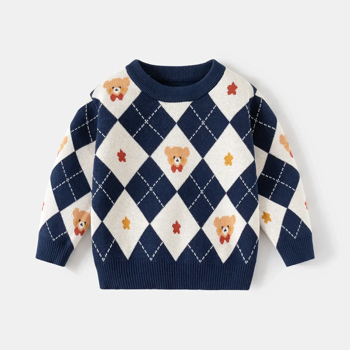 

New 2024 Autumn Winter Baby Boys Warm Pullover Sweater Kids Cartoon Bear Diamond Pattern Knitwear Sweaters Tops Casual Clothing