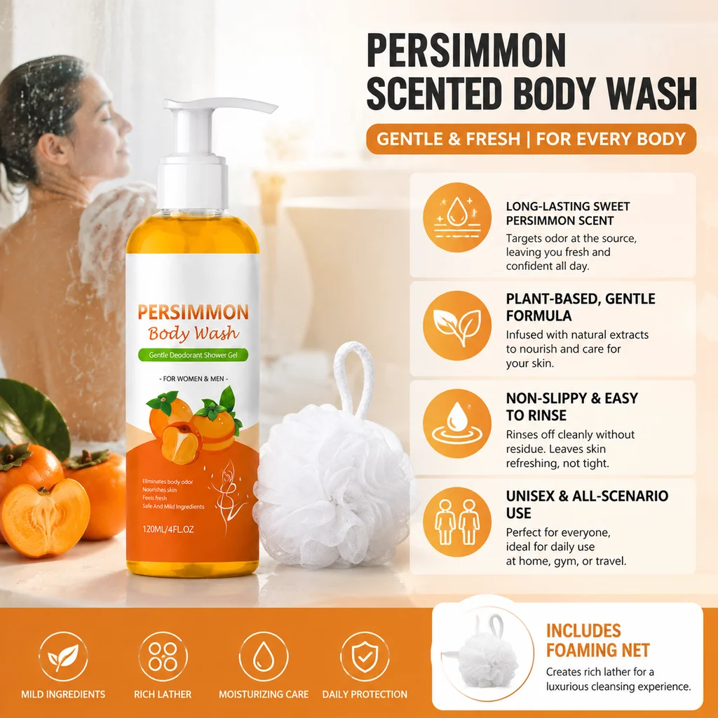 Persimmon Body Wash Sweet Orange Shower Gel Odor Control Body Cleanser Refreshing Rich Foaming Bath Gel Set With Mesh Net 120ml