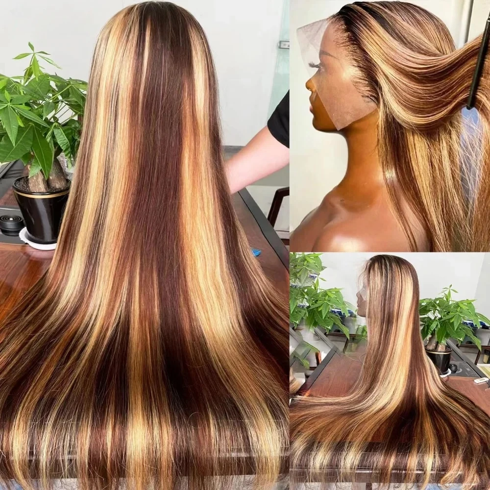 

34Inch Bone Straight Highlight Lace Front Human Hair Ombre 13x4 Lace Frontal Wigs 13x6 Honey Blonde Colored Wigs For Women