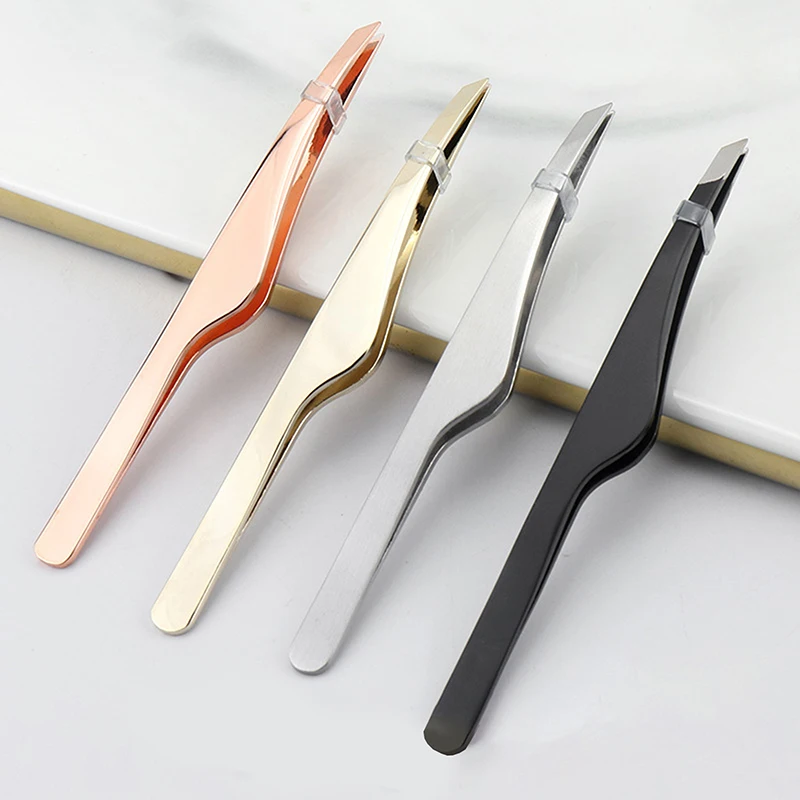 Eyebrow and eyelash tweezers - hair removal stainless steel slanted tip rose gold silver black cosmetics makeup artist