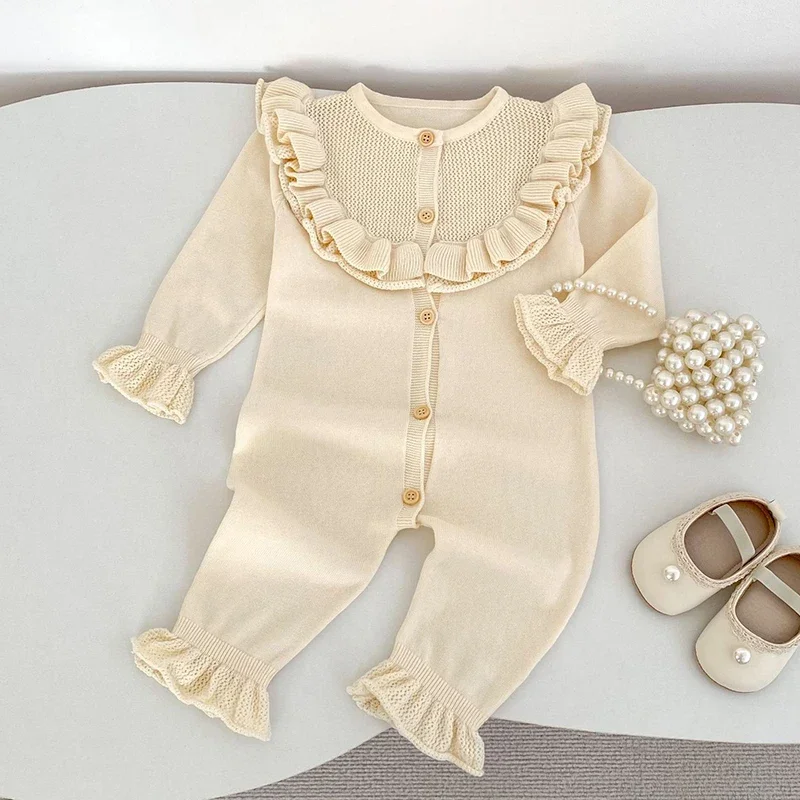 

2025 New Autumn Korean Style 0-24M Toddler Baby Girl Knitted Romper Long Sleeved Solid Color Infant Baby Girls Knitted Jumpsuit