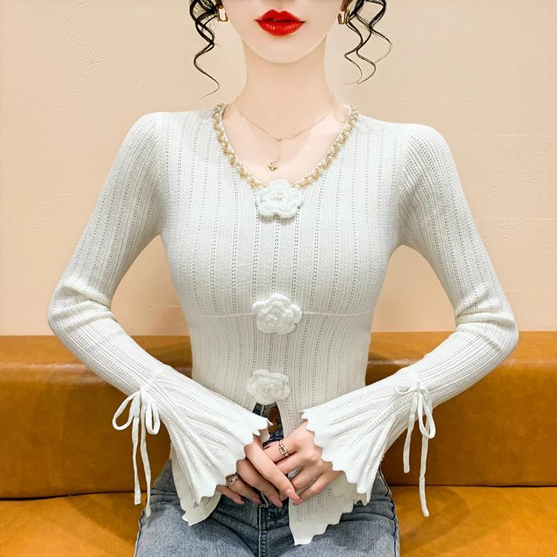 

Женский вязаный топ French Sle V-Ne, облегающий базовый слой, осень-зима, новый дизайн, с открытым разрезом, с цветочным узором из бисера