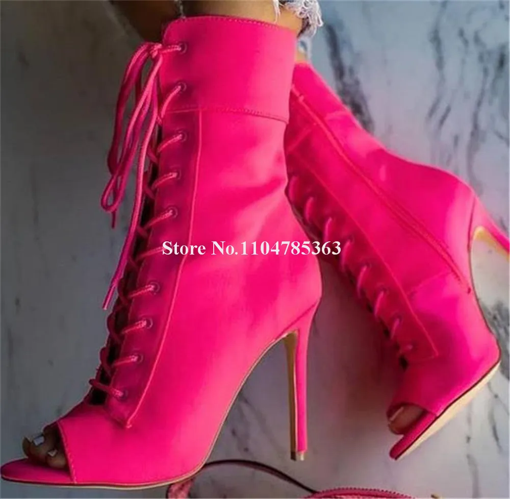 

Women Fashion Pink Yellow Suede Stiletto Heel Short Boots Peep Toe Lace-up Thin Heel Ankle Booties Big Size Heels