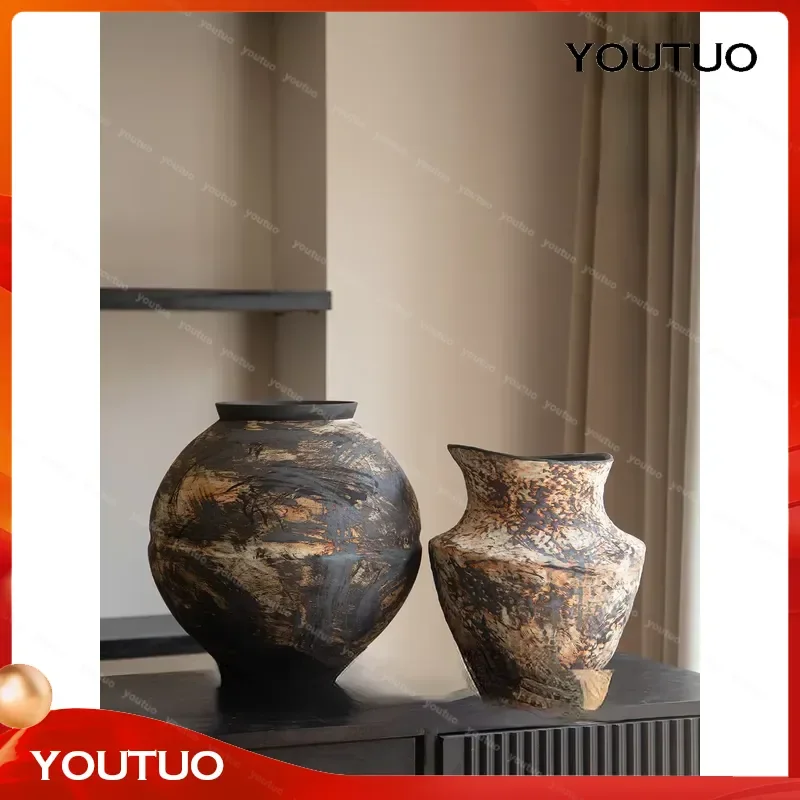 High End Handmade Large Belly Vase Quiet Oil Painting Style Ceramic Dry Flower Hydroponic Dual Purpose Decorative Floor Vase