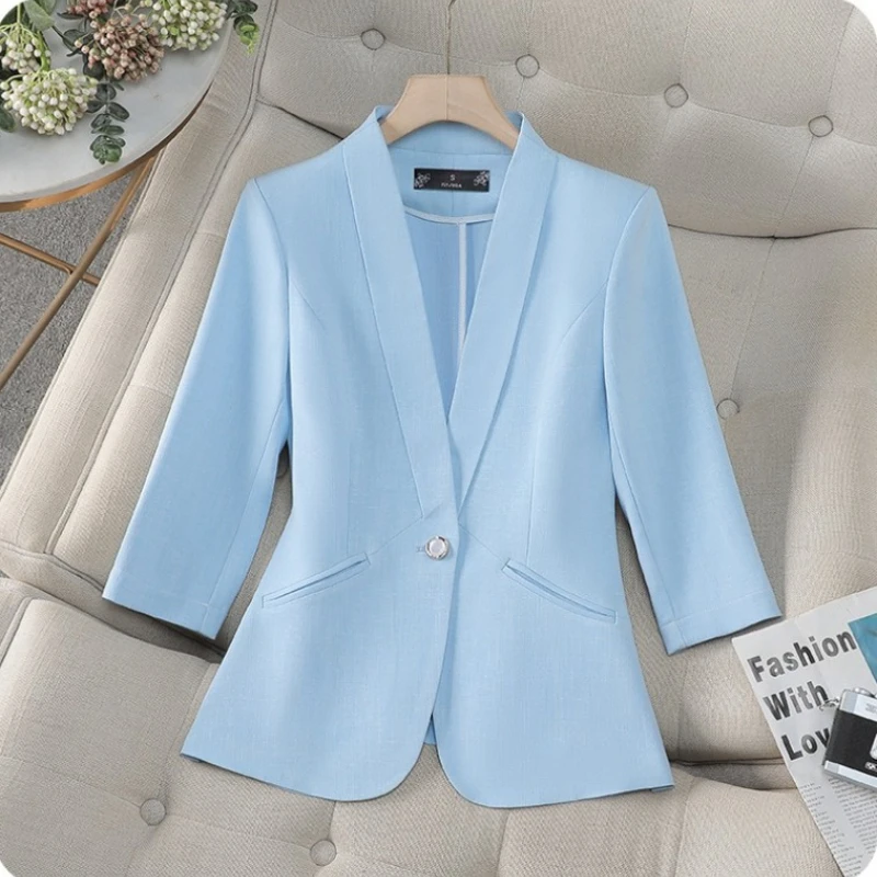 Spring Summer Women Blazer Blue Seven-quarter Sleeve Single-button Professional Suit Formal Jacket Female Casual Top Outerwear