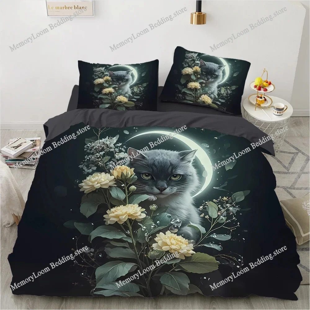 

King Size Cat Bedding Set – 3D Printed Duvet Cover Set Bed Queen Luxury Bedrooms & Gifts (Cat, flowers, moon)