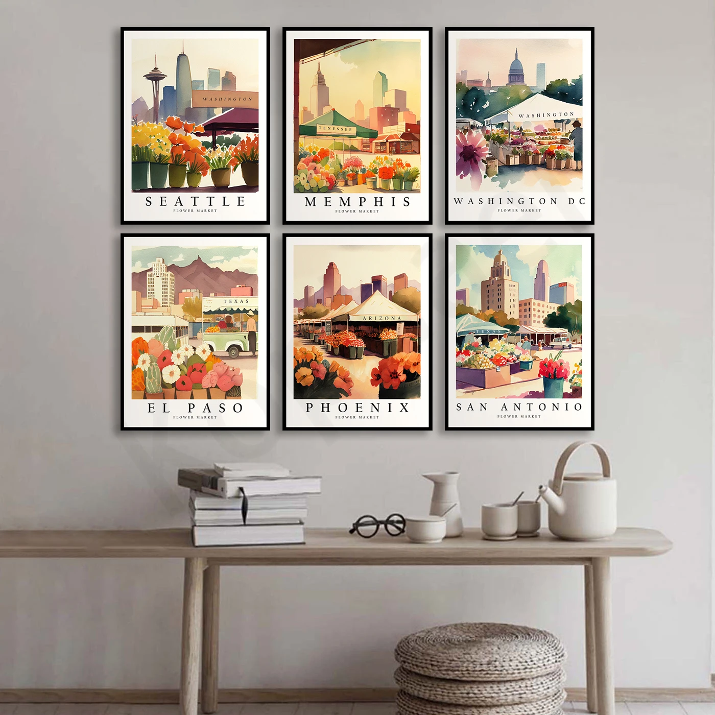 سان أنطونيو فينيكس سان دييغو إل باسو شارلوت ممفيس واشنطن سياتل سان خوسيه. ملصق سوق زهرة المدينة