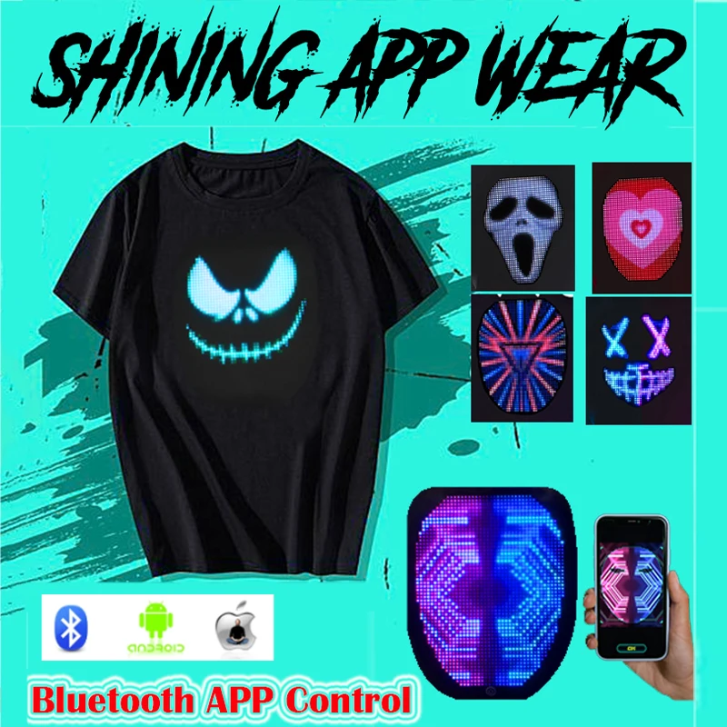 RGB Bluetooth APP control LED Screen Removable T-Shirts LED Luminescent App Editing Face Changing Loose Short Sleeved Clothing