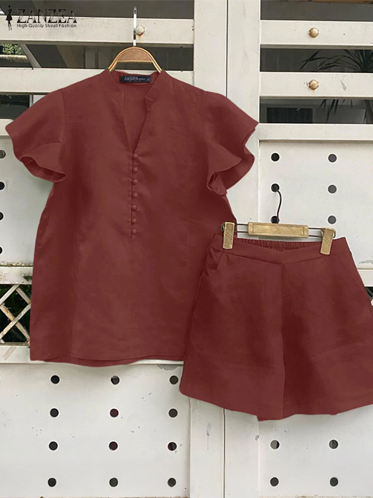 

ZANZEA Summer Day Wear Two Piece Outfits Casual Woman Elastic Waist Shorts Ruffle Sleeve V-Neck Blouses 2 Pieces Sets Short Sets