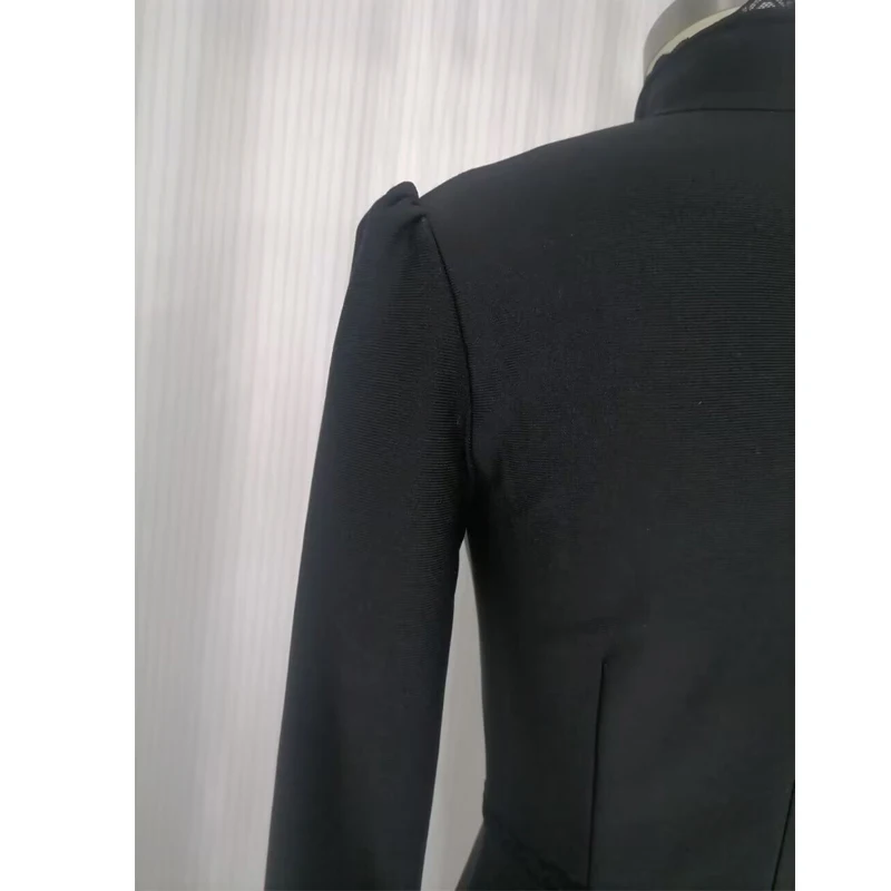 Fashion Long Sleeve Hollow Out Bandage Dress Split Bodycon Stand Collar Slim Sexy Club Party Evening Elegant Midi Dresses