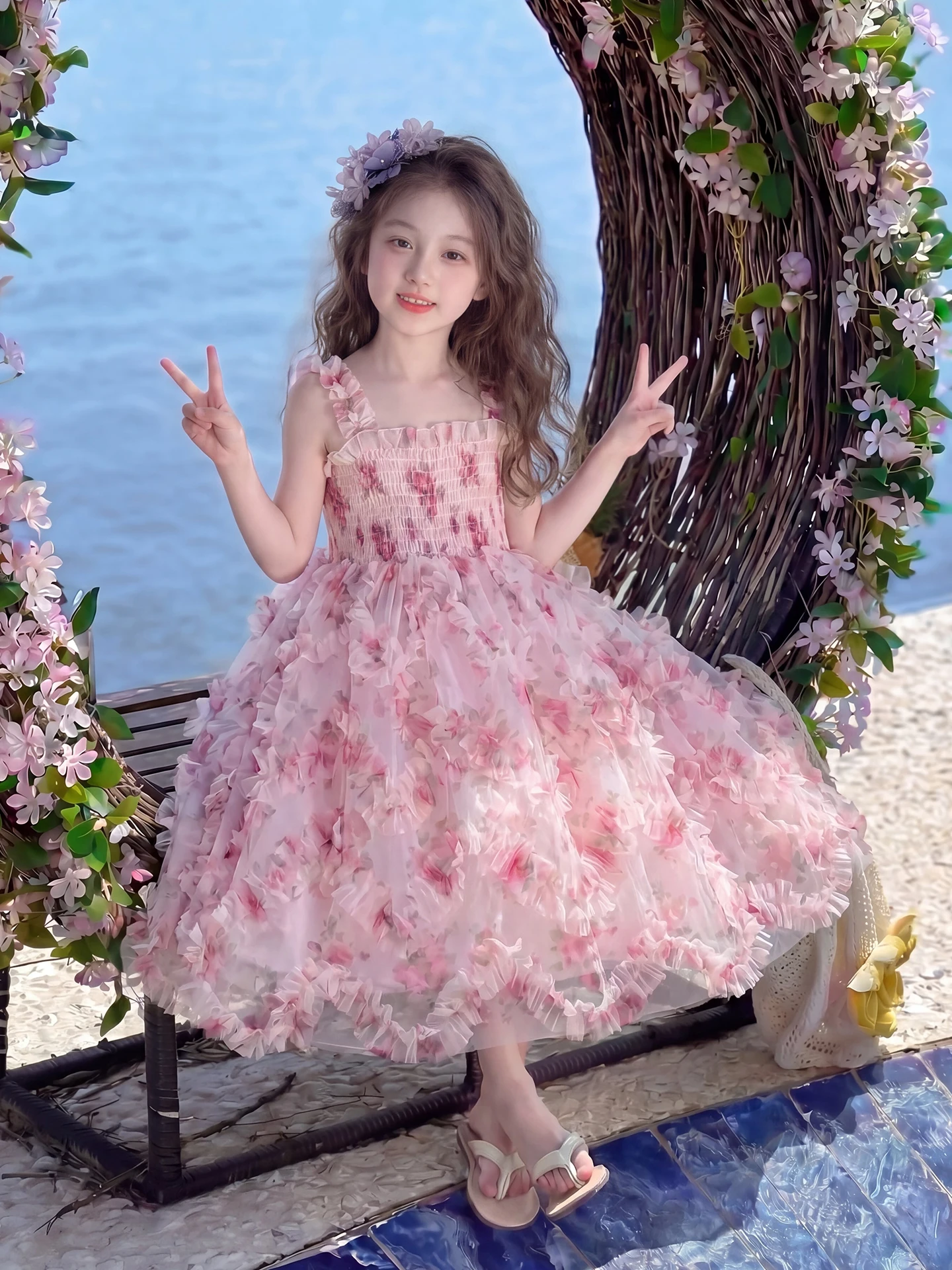 princess-dress-for-girls-summer-new-style-fashionable-hollow-out-strap-design-children's-dress-girls-mid-length-dress