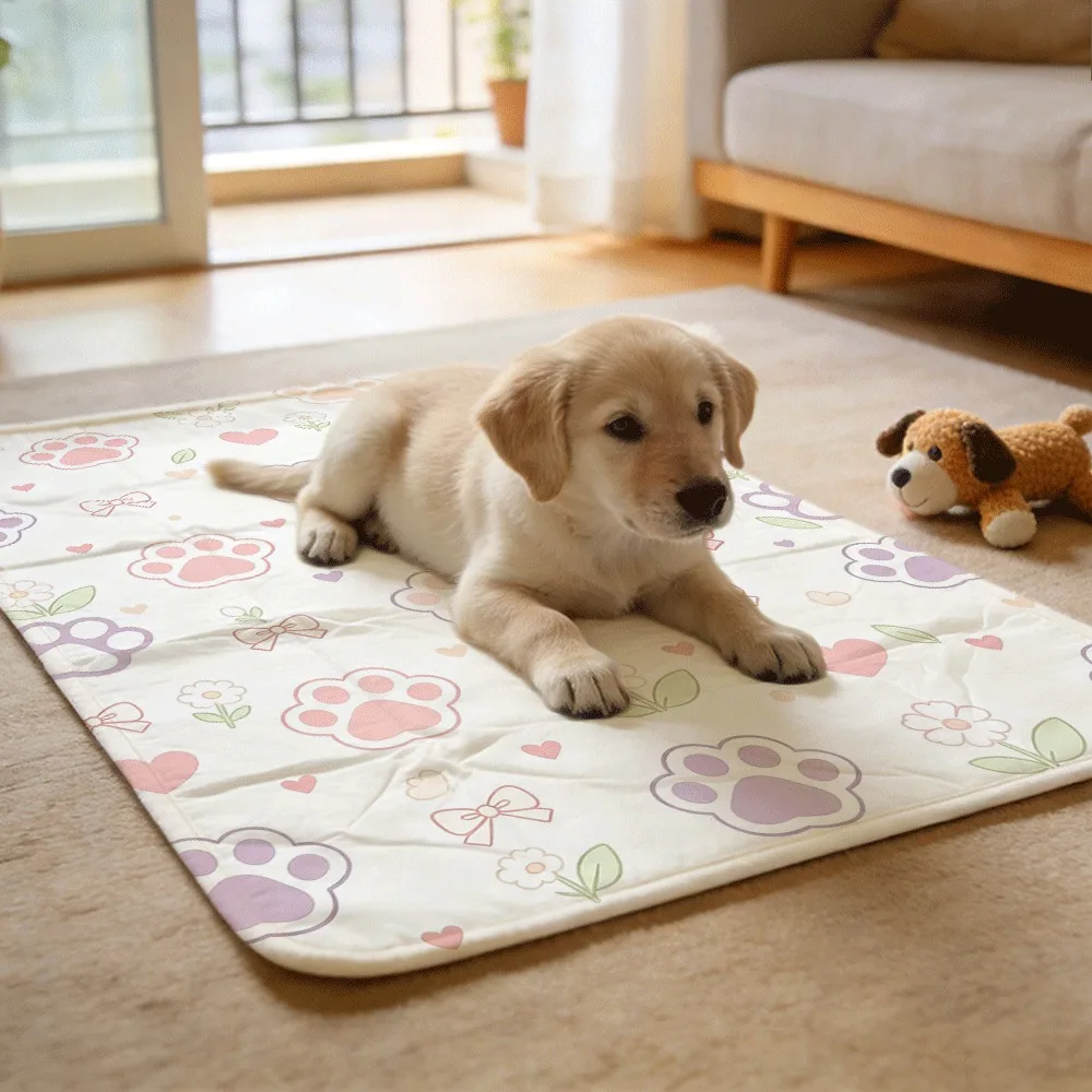 Sweet-style Floral Print with Cat Paw Motifs Reusable Absorbent Pet Underpads with Waterproof Barrier