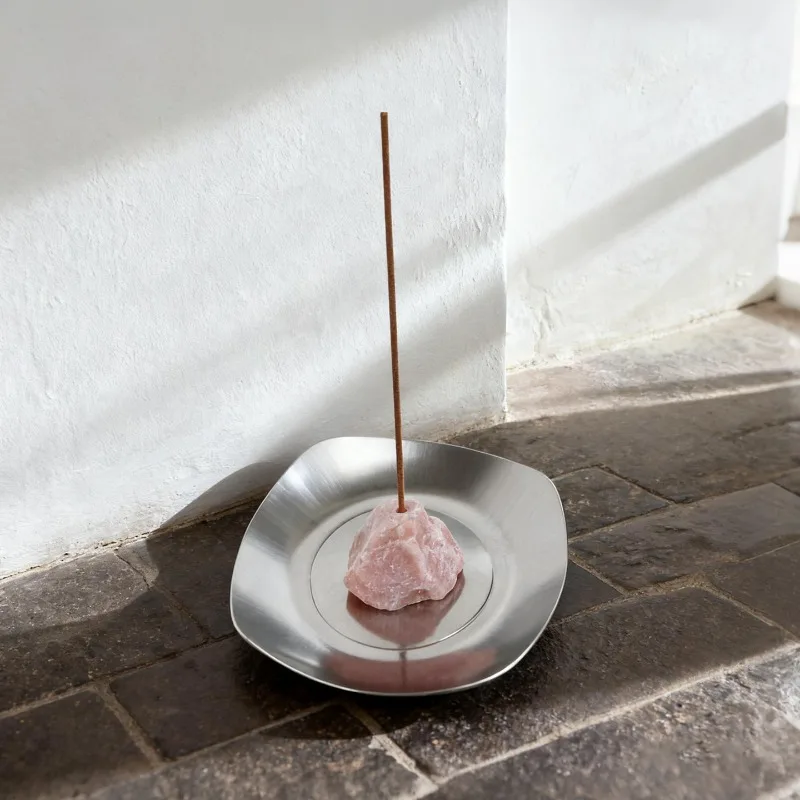 Industrial Style Raw Stone Incense Stick Holder with Metal Tray,  Aromatherapy Burner Base for Study Desktop Living Room Decor