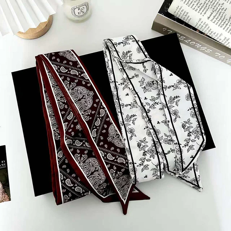 Luxury Fashion Woman Skinny Silk Scarf Long Hair Strip Silk Ribbon Small Neck Scarves Flower Bag Handle Ribbon Kerchief Lady Tie - view 3