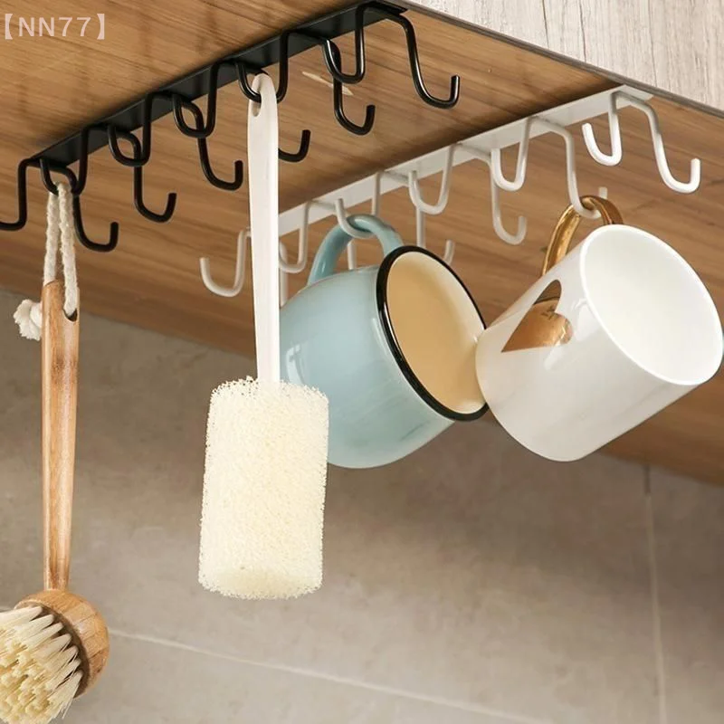 Multifunctional Double-row Storage Hook Wardrobe Cabinet Metal Shelves Hanging Hooks Punch-free Hanging Cup Holder Kitchen Tool