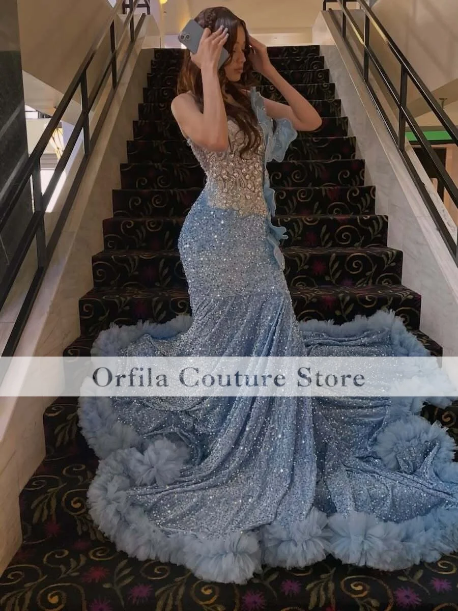 Light Blue Squined Prom Dress With Ruffles Crystal Beaded Wedding Guest Black Girls Evening Party Birthday Gown Customized