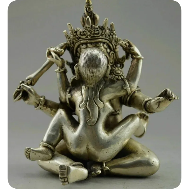 Old Handwork Tibet Silver Carving MAKE LOVE Buddha Sexual Lover Statue
