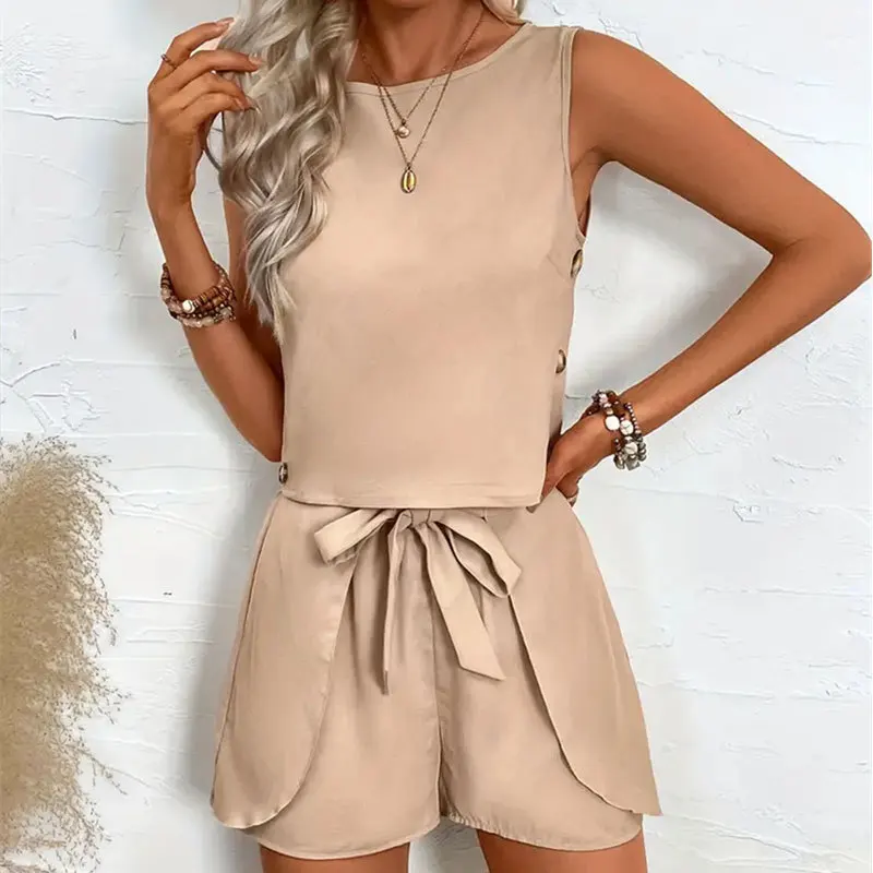 Women's Solid Color Button Decoration Strap Bow Sleeveless Shorts Set New Women's Casual Clothing Set Two-piece Set