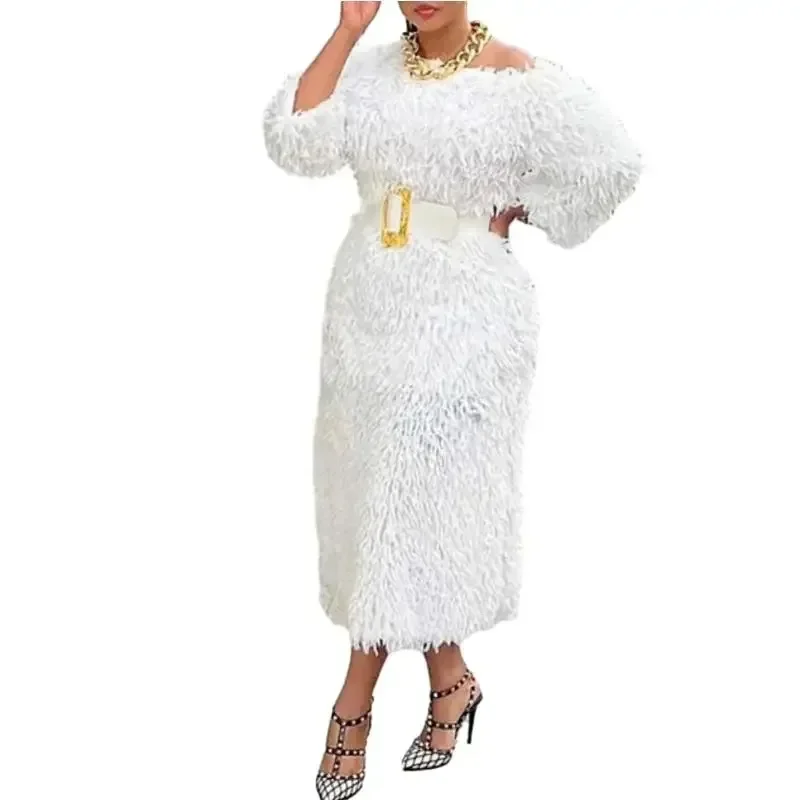 

White African Wedding Party Dresses for Women Spring Long Sleeve O-neck Tassel Bodycon Dress Dashiki African Clothing Outfits