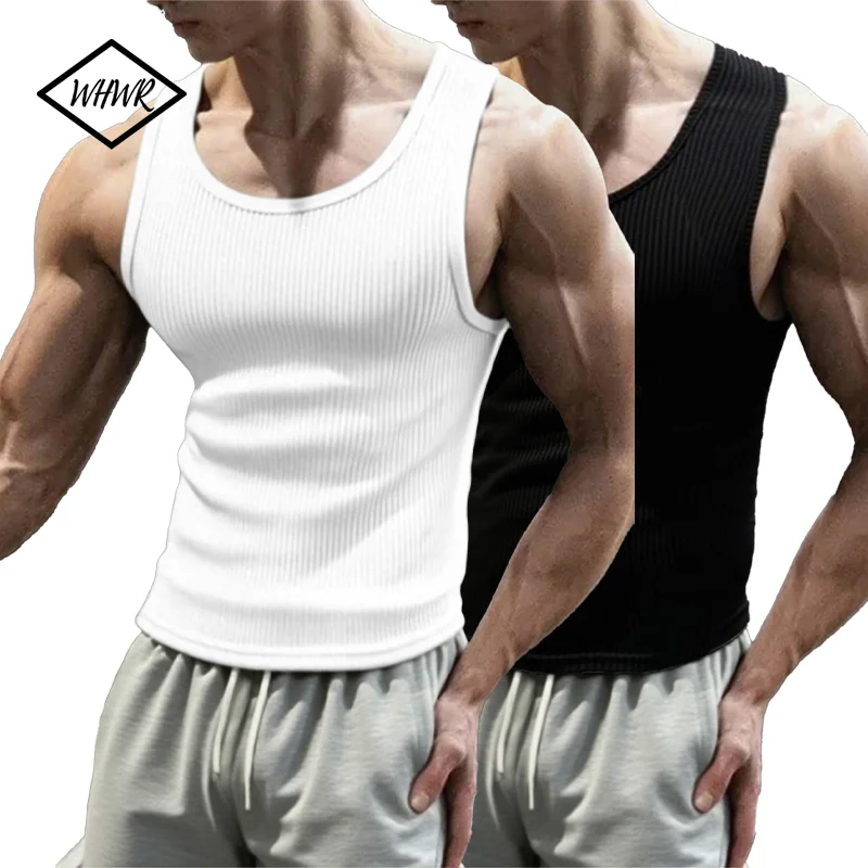 Men's Sports Vest Black 1-Piece Breathable Round Neck Slightly Elastic Fabric Pure Color Suitable for Male Fitness Tank