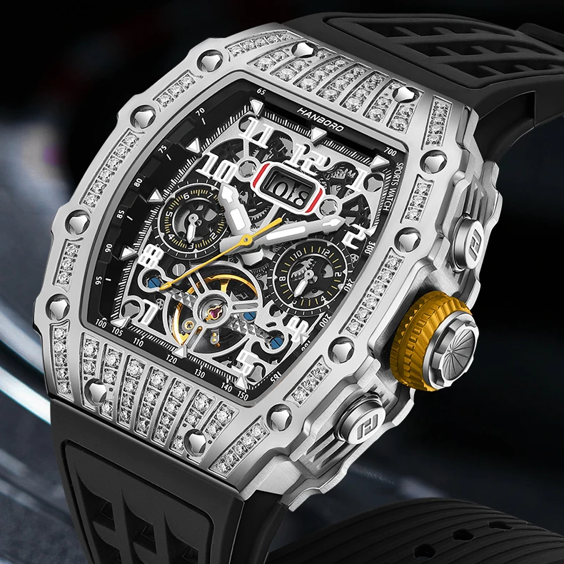 

HANBORO Мужские автоматические часы Роскошные механические наручные часы Светящиеся Tonneau Водонепроницаемый резиновый ремешок Многофункциональный циферблат Crsytal