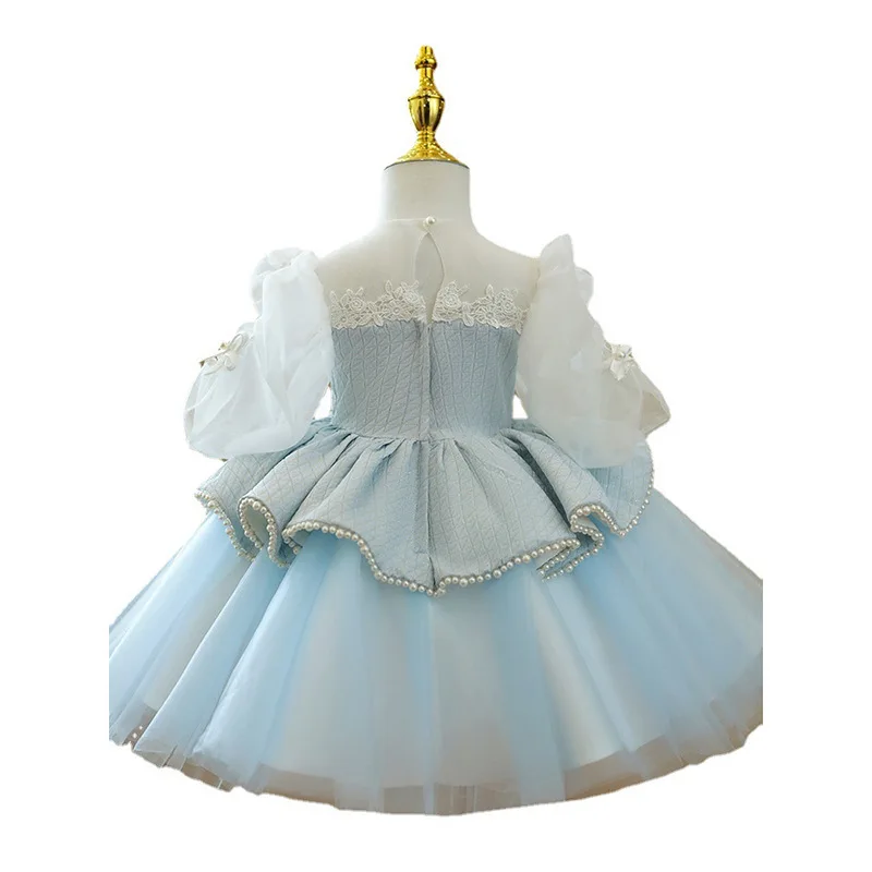 Robe d'anniversaire bleu ciel pour bébé fille, robe de baptême, col transparent, couches de tulle, perles, robes de Noël gonflées, nouveau