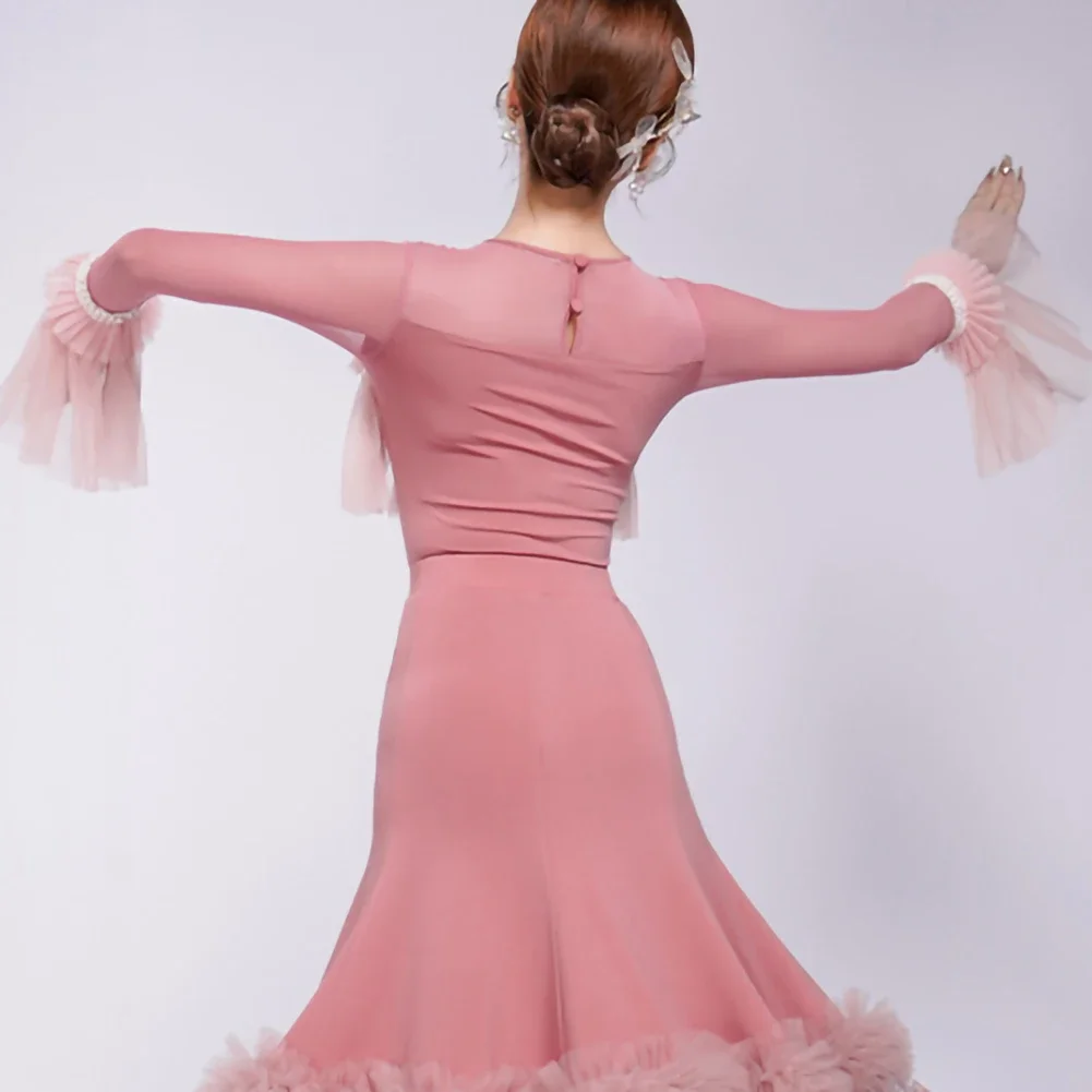 2025 Rose Powder Latin Dance Jumpsuit White Cloud Yarn Dance Practice Long Sleeve Ball Top Round Neck Clothing Women's