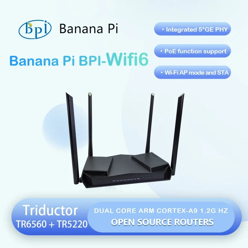 AeroPartsBanana Pi BPI-Wifi 6 OpenWRT Router + Case TR6560 + TR5220 Wifi SOC Dual Core ARM Cortec A9 Integrated 5GE PHY MACs Boa